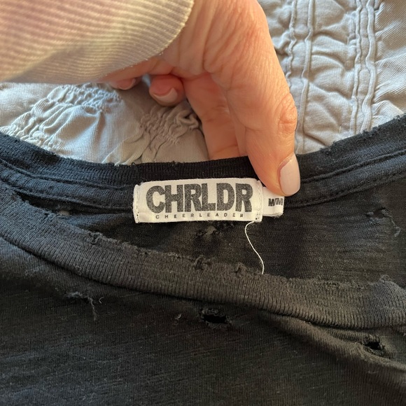 Black distressed CHRLDR t-shirt with white stars on sleeve, size M. - Picture 5 of 7